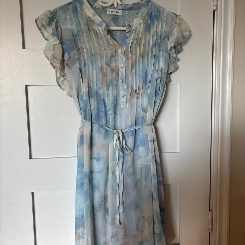 Calvin Klein Blue Floral Pleated Waist-Tie Dress